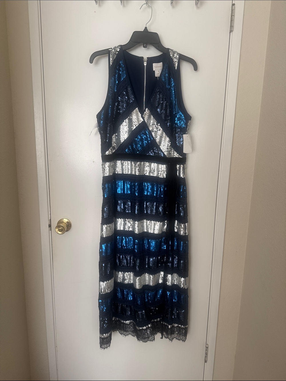 foxiedox Navy and Silver Sequin Striped Midi Dress
